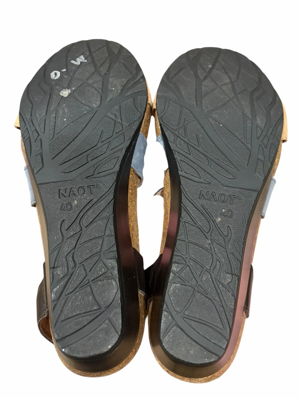 Naot Vixen Suede Leather Low Wedge Sandals Nude Feather Blue ab size 40 US9-9.5